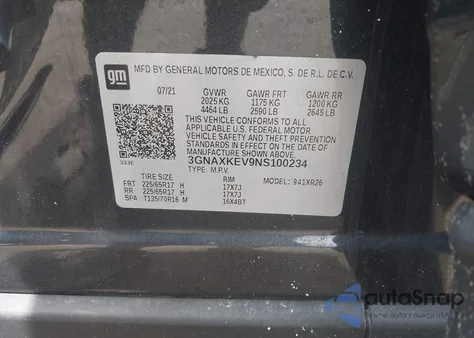 2022 Chevrolet Equinox Fwd Lt z USA, uszkodzony, nr VIN 3GNAXKEV9NS100234